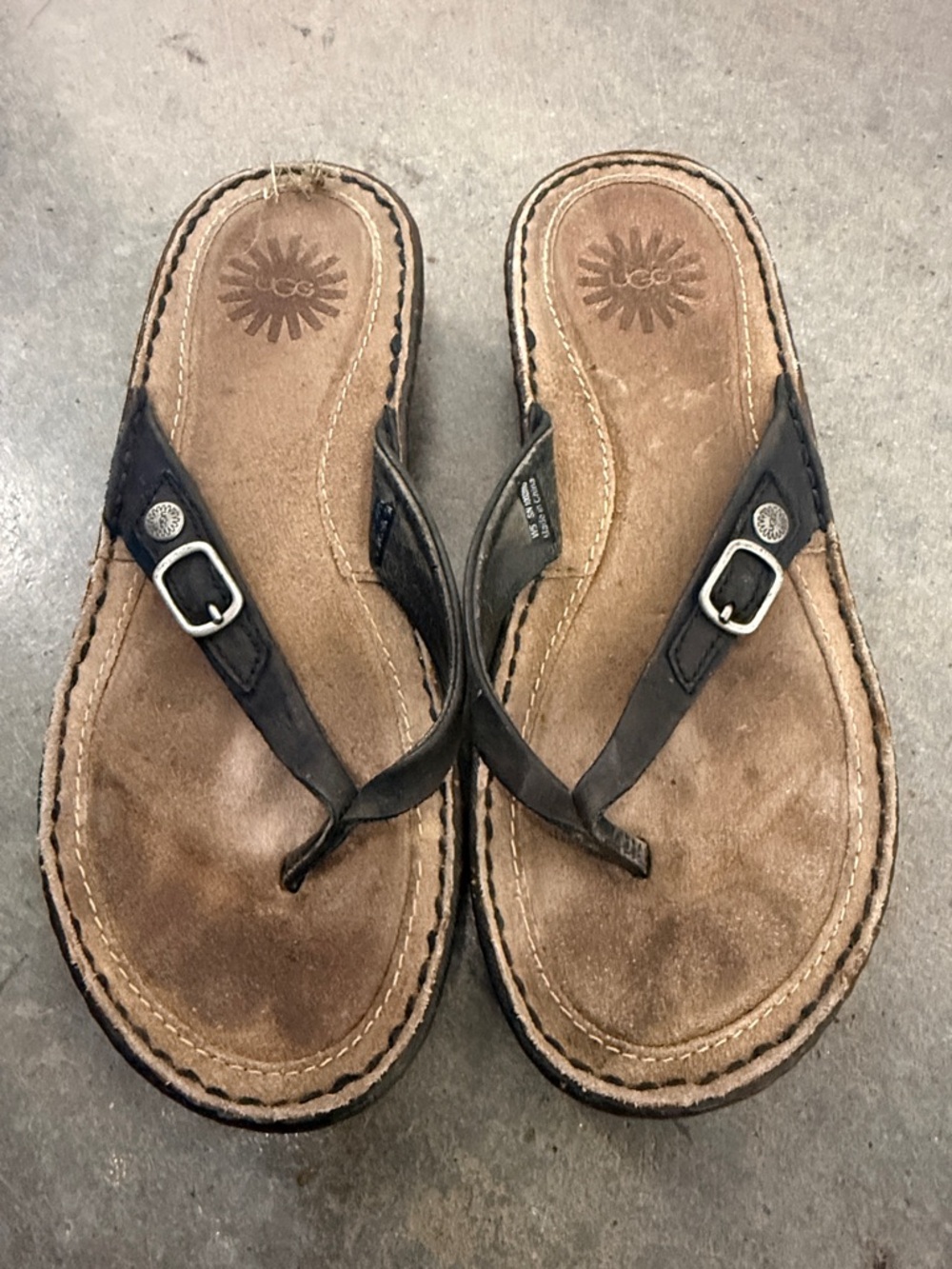 UGG Brown & Black Leather Thong Sandals with Buckle Accent